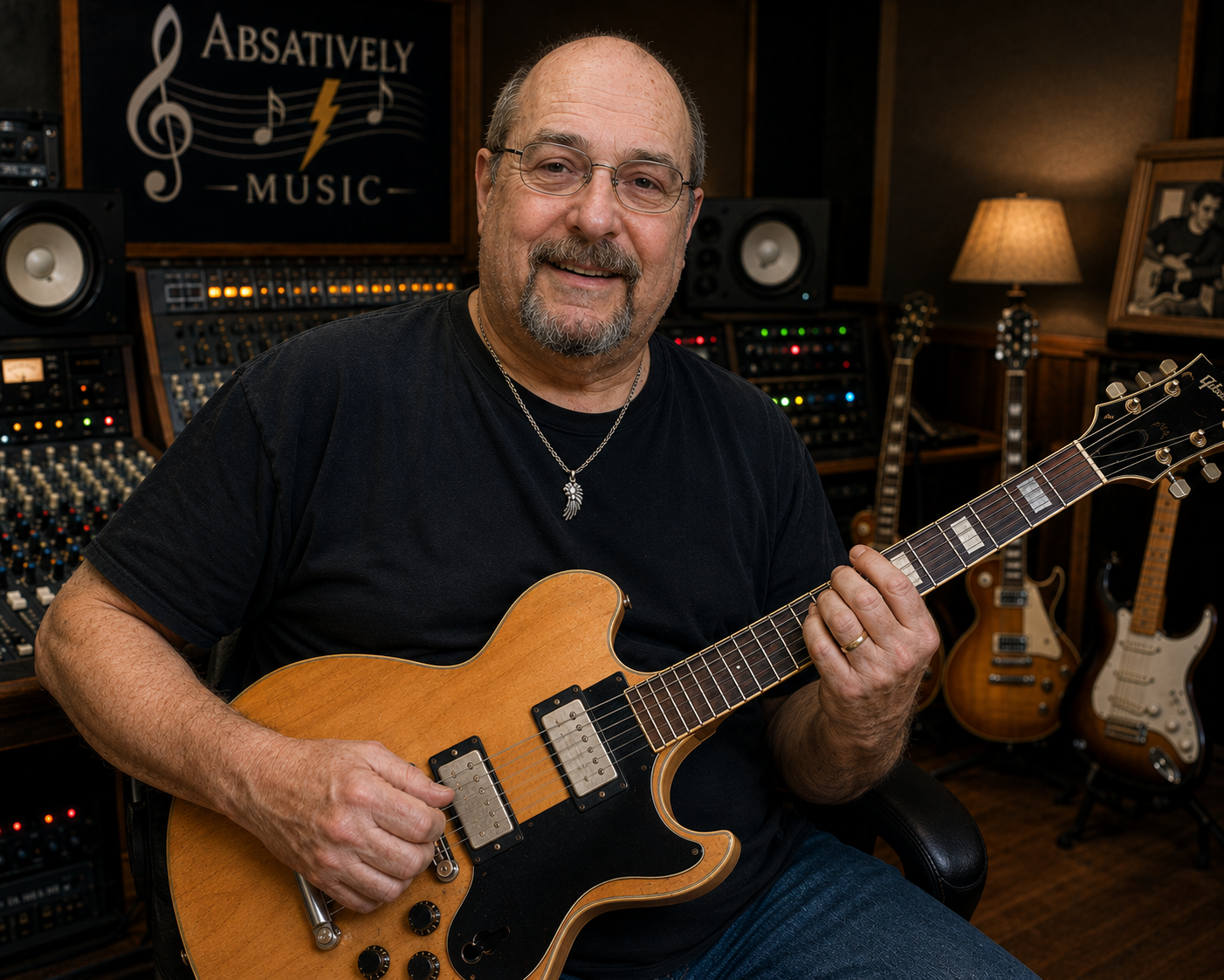 Nik Boldrini with guitar in his studio